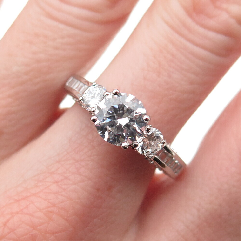 925 Sterling Silver Round & Emerald-Cut C Z Engagement Ring Size 8